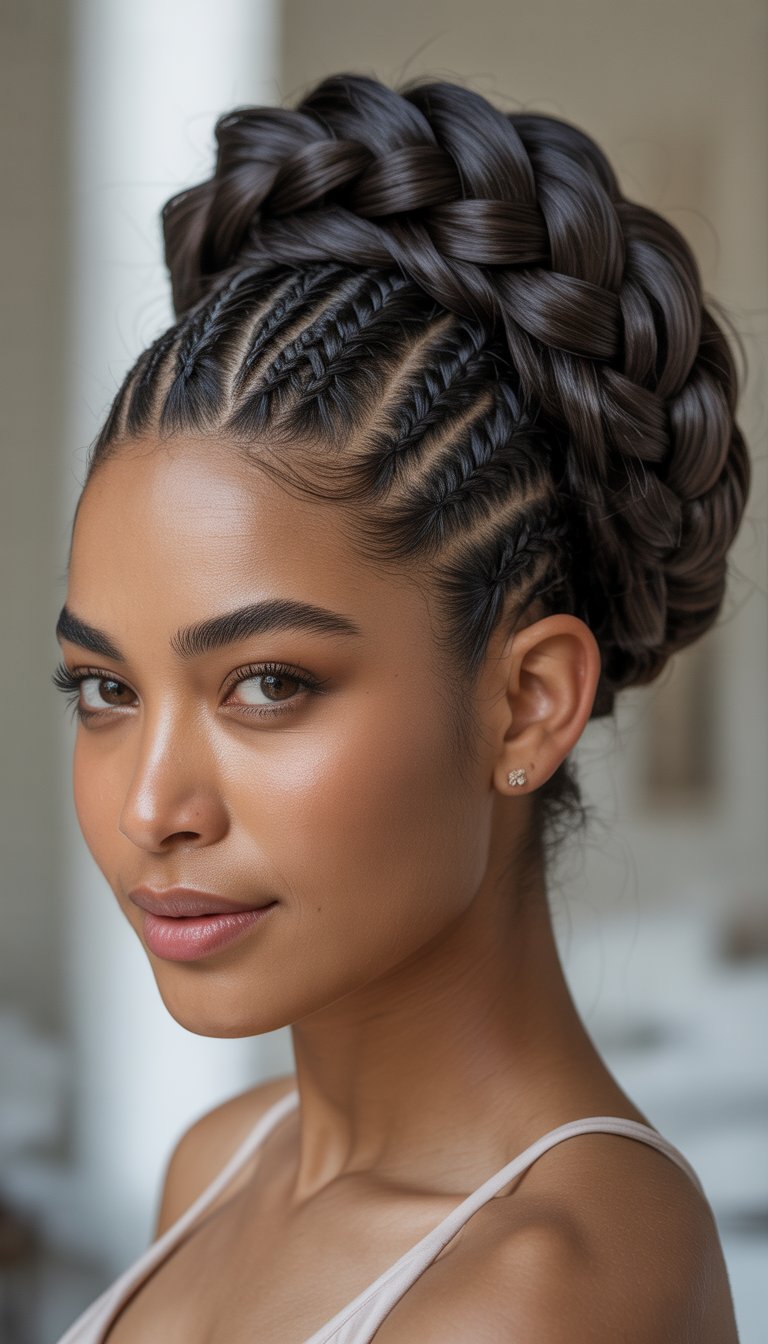 Close-up portrait of a Black woman with an elegant braided updo hairstyle against a neutral background.